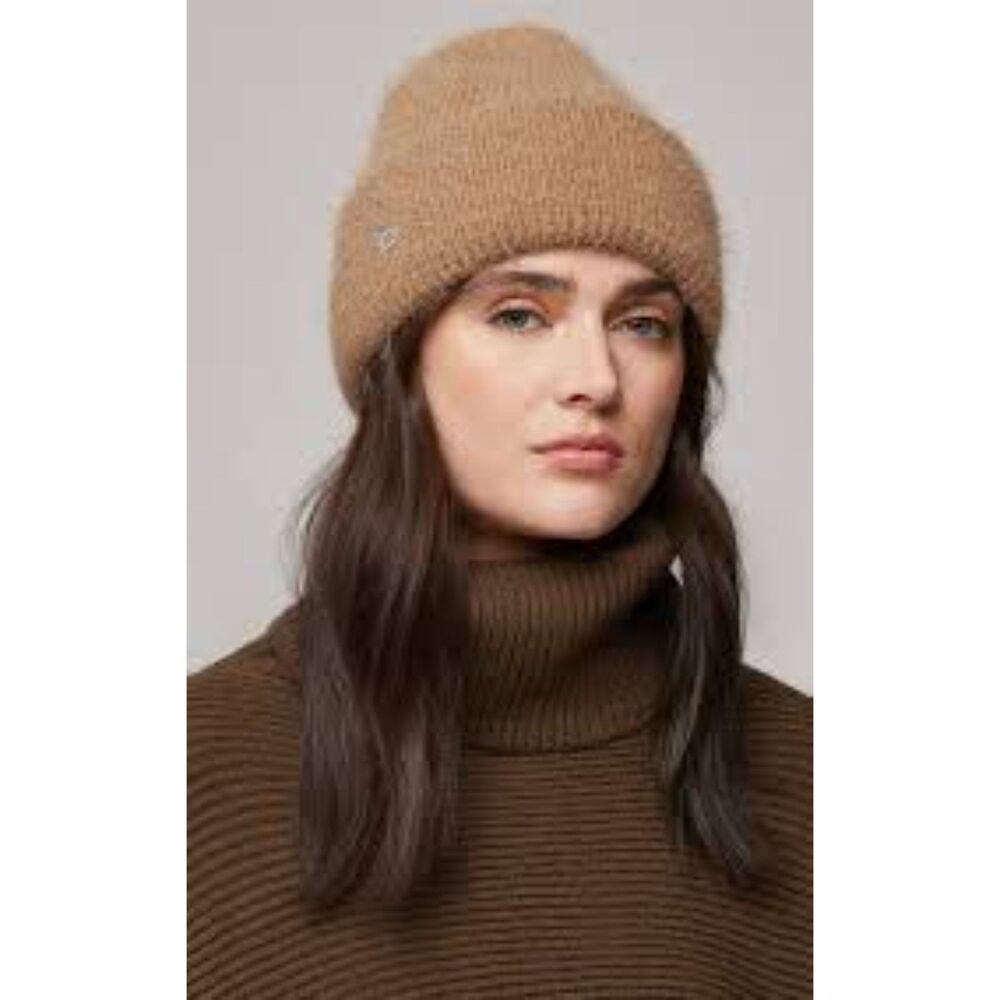 SOIA & KYO Hat Womens Beanie Tan Fuzzy Knit Cuff Logo Winter JAYA HUSH